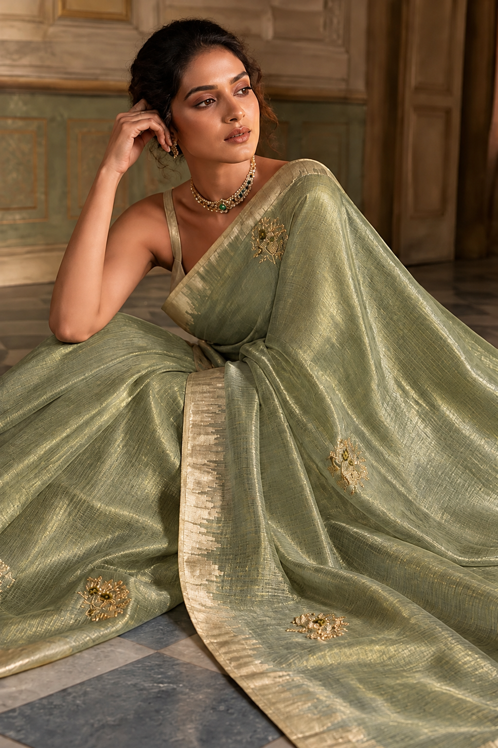 Emerald Sage Saree in a Heritage Interior GREEN TEA - Image 1